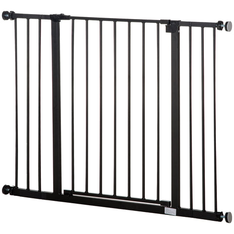Black powder coated steel pawhut pet safety gate with vertical bars and adjustable wheels for stairs and doors