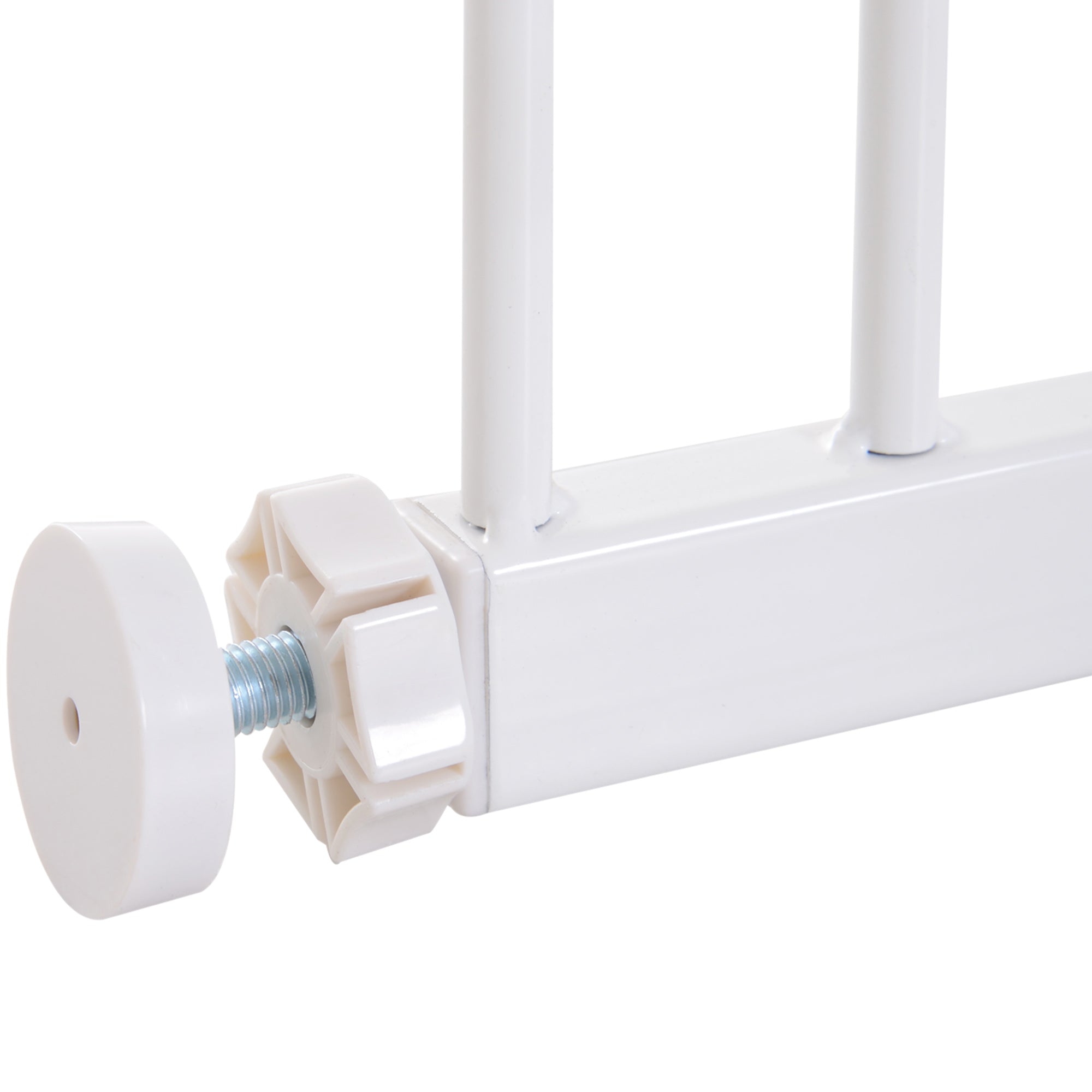 White plastic adjustment knob with metallic screw on pawhut pet safety gate made of powder coated steel