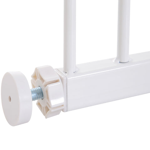 White plastic adjustment knob with metallic screw on pawhut pet safety gate made of powder coated steel
