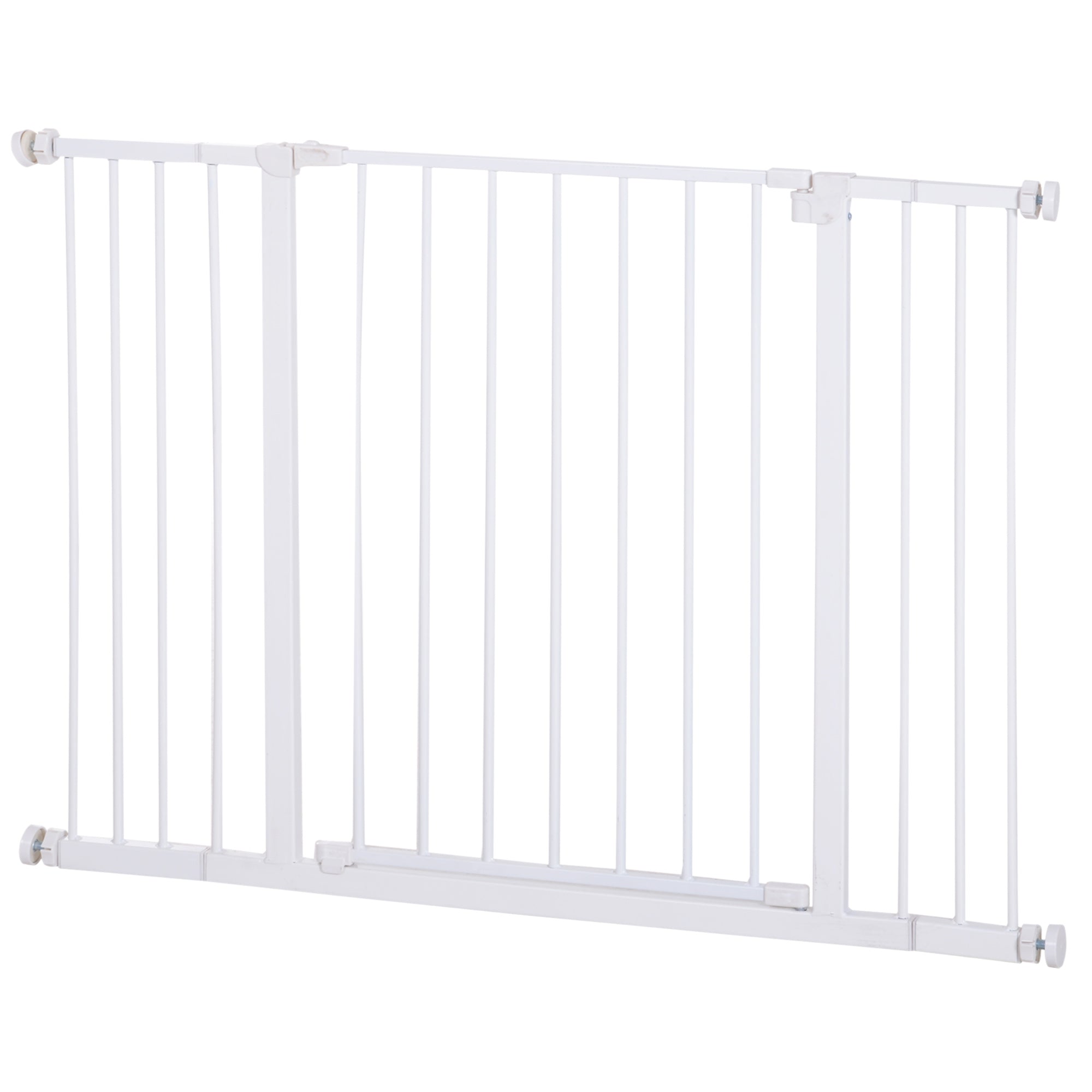 White coated steel pet safety gate with vertical bars and central door for stairs by pawhut powder coated finish