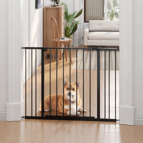 Black PawHut pet safety gate with vertical bars, powder coated steel frame, adjustable pressure fit for stairs