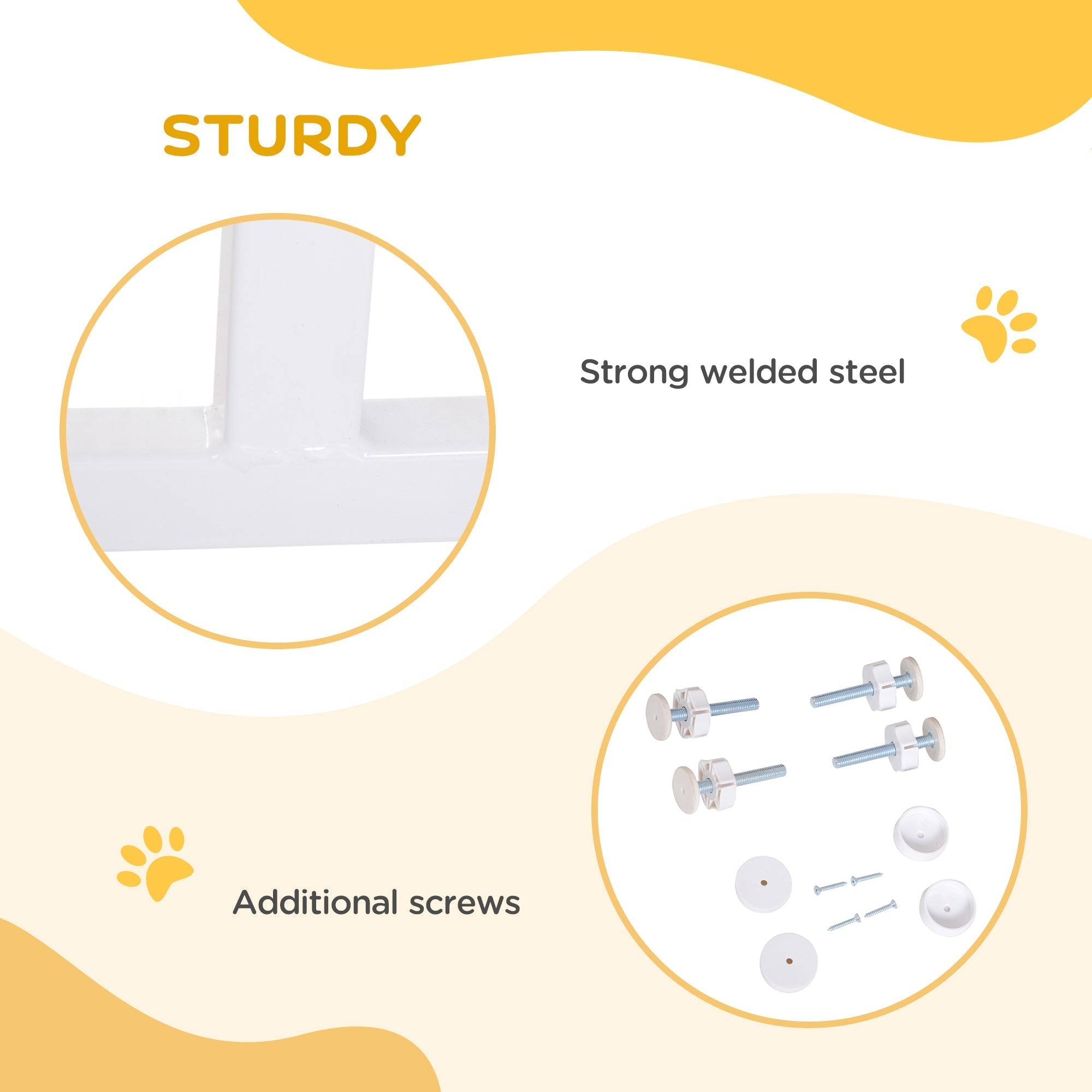 White welded coated steel pet safety gate base with powder coated finish and white plastic caps for secure fit
