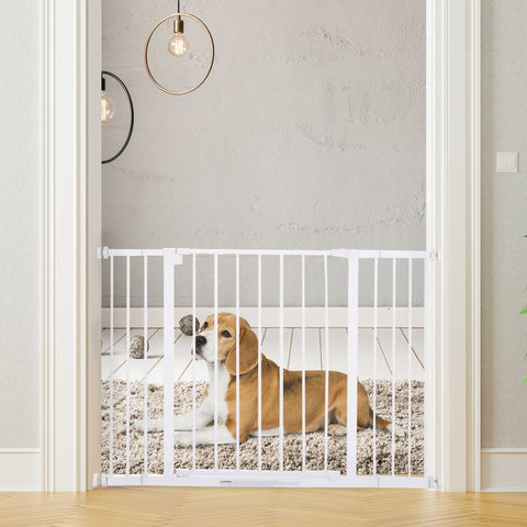 White coated steel pet safety gate by pawhut with vertical bars powder coated for adjustable stair barrier use