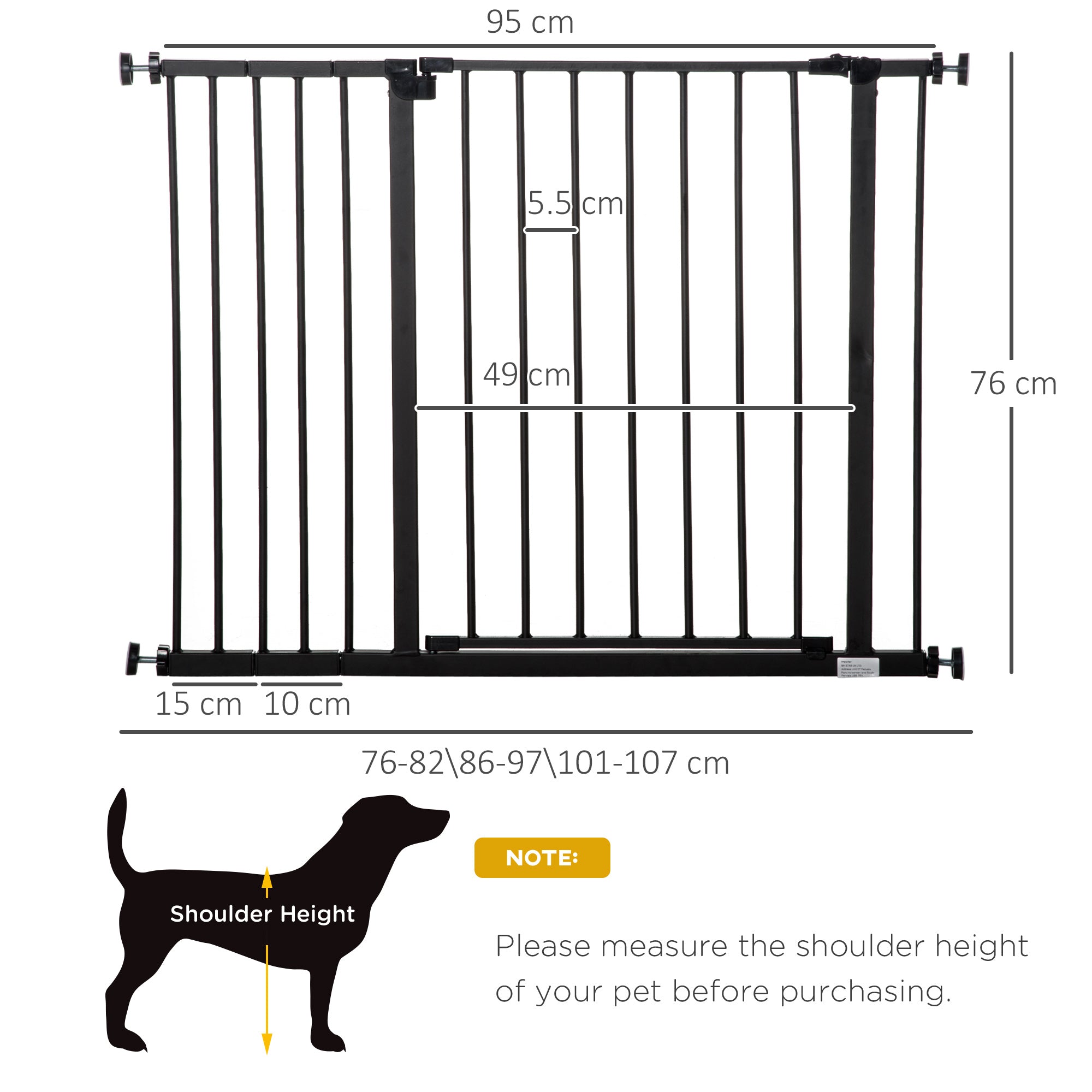 Black powder coated steel pet safety gate with vertical bars and adjustable height markings by pawhut