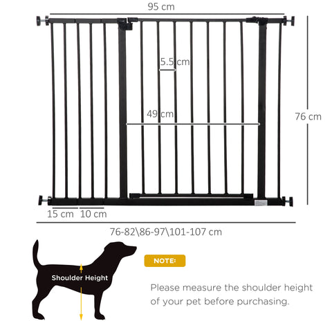 Black powder coated steel pet safety gate with vertical bars and adjustable height markings by pawhut