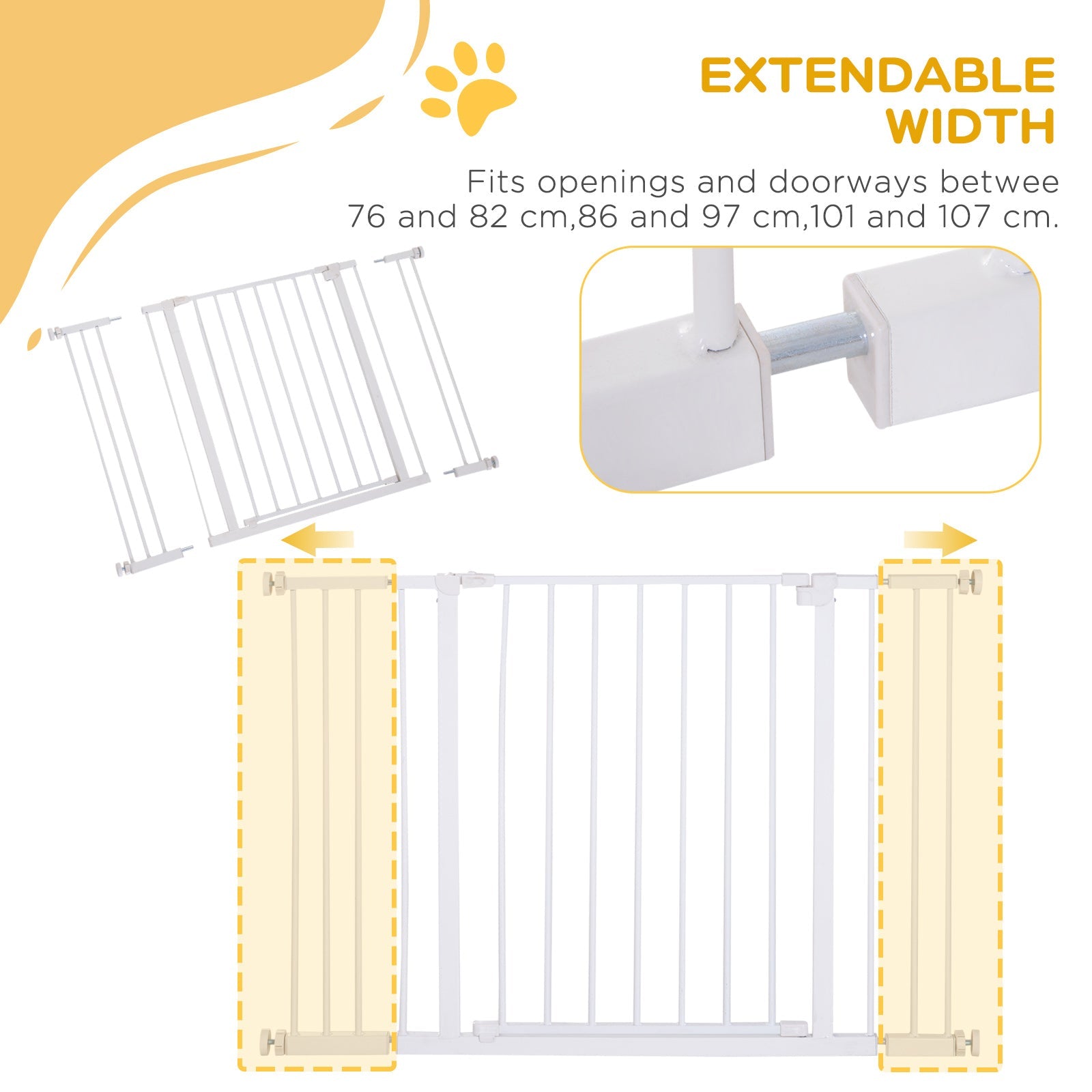 White pawhut pet safety gate with coated steel vertical bars powder coated and adjustable for doorways