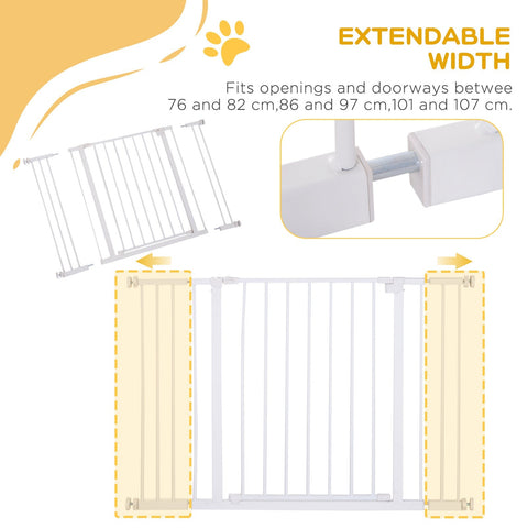 White pawhut pet safety gate with coated steel vertical bars powder coated and adjustable for doorways