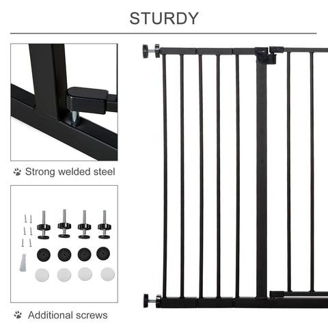 Black powder coated steel pawhut pet safety gate with vertical bars and sturdy welded construction for stairs