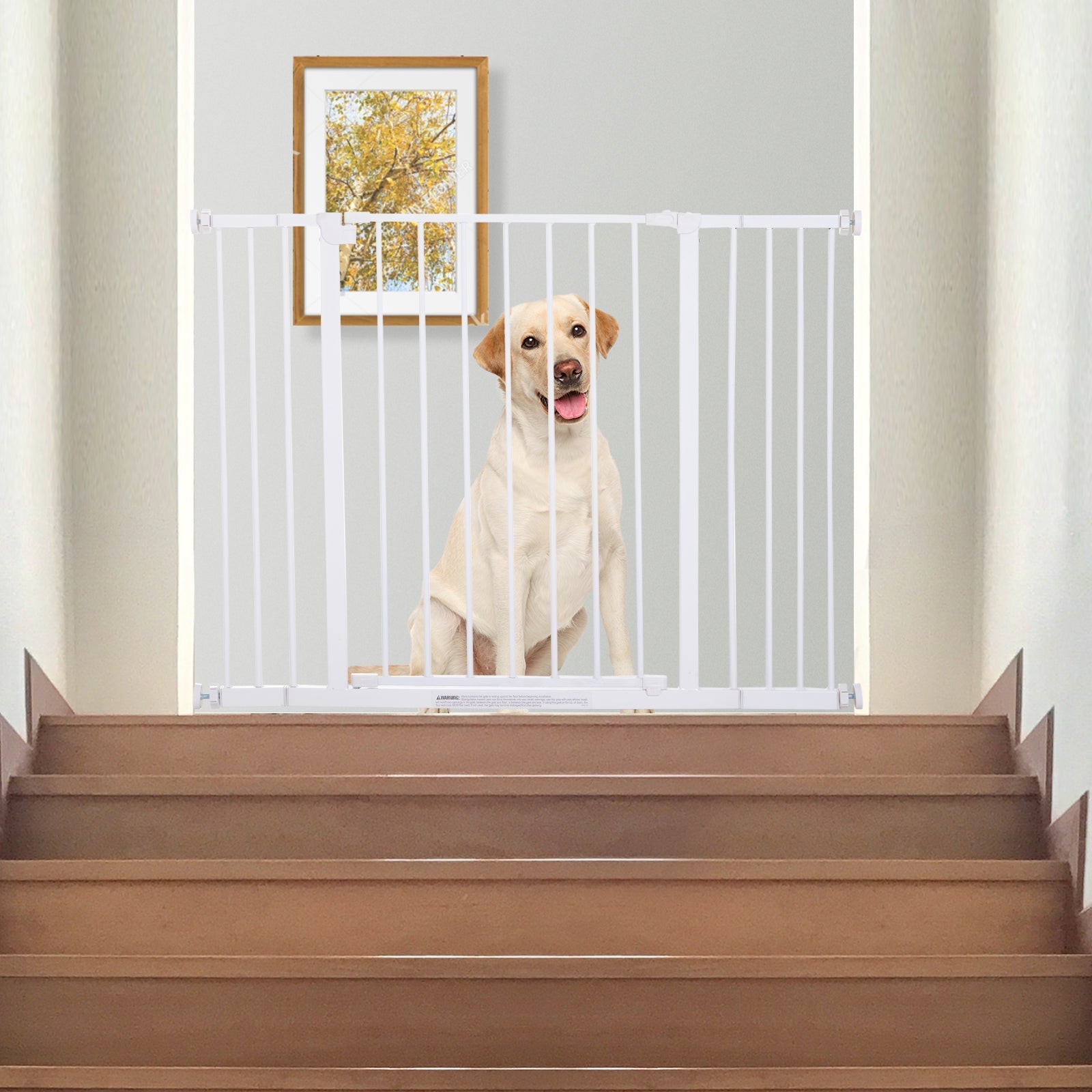 White coated steel metal pet safety gate with vertical bars and graco panel powder coated for stair barrier use