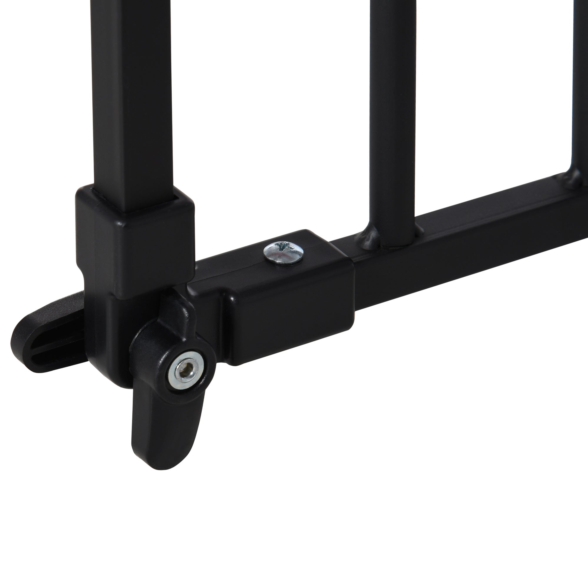 Black metal pawhut dog gate with sturdy adjustable locking mechanism and adjusting screws that let the door automatically close