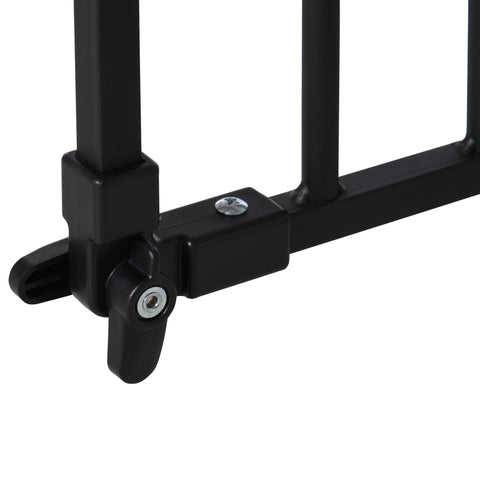Black metal pawhut dog gate with sturdy adjustable locking mechanism and adjusting screws that let the door automatically close