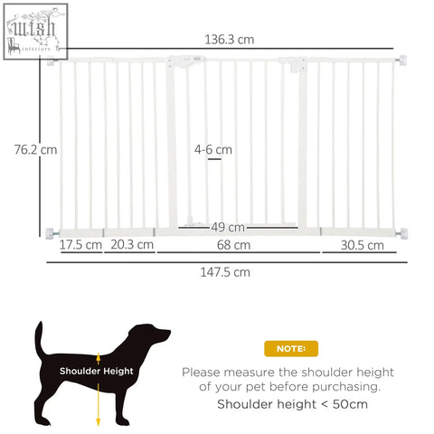 White metal pawhut dog gate with vertical bars and adjustable width that door automatically closes for pet safety