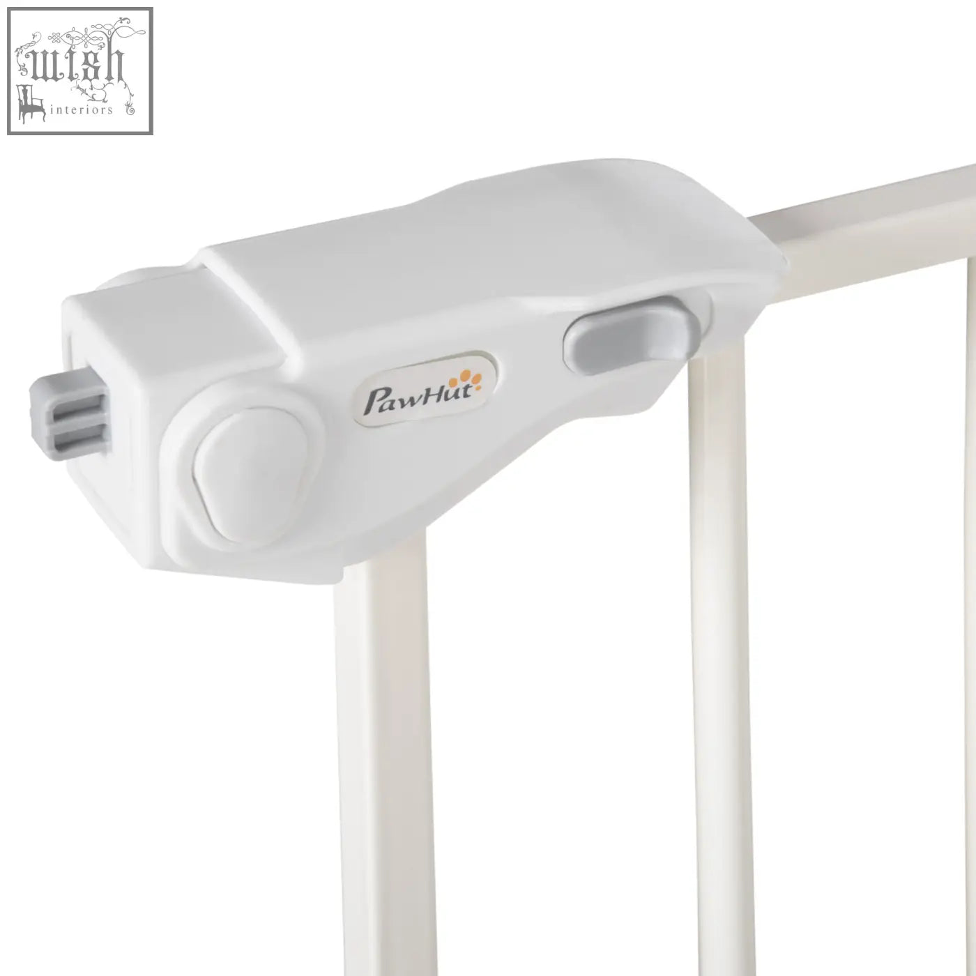 White pawhut baby gate latch with gray button and smooth plastic finish for door automatically closes barrier