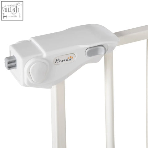 White pawhut baby gate latch with gray button and smooth plastic finish for door automatically closes barrier