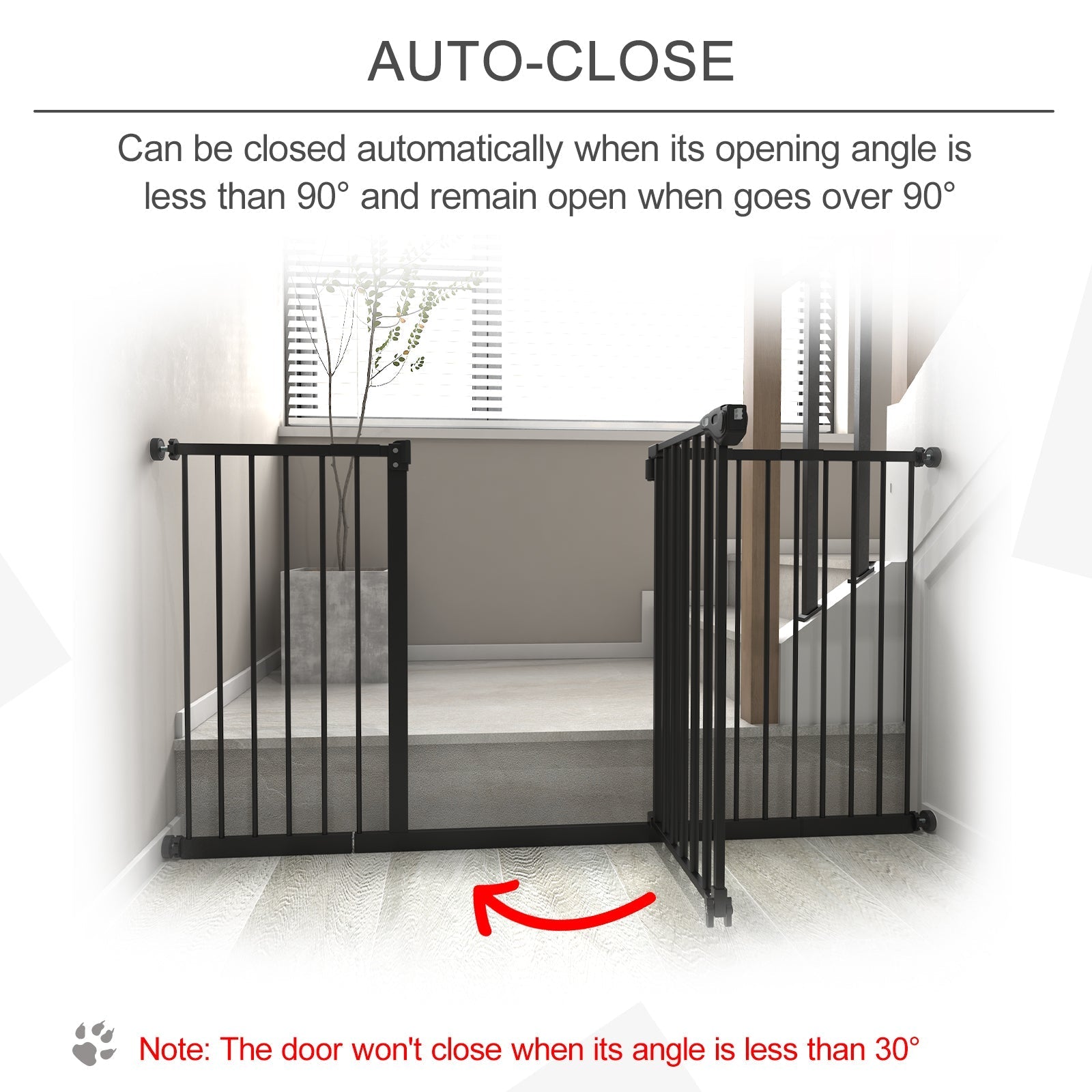 Black metal pawhut dog gate with vertical bars and adjusting screws for doorway barrier that door automatically closes