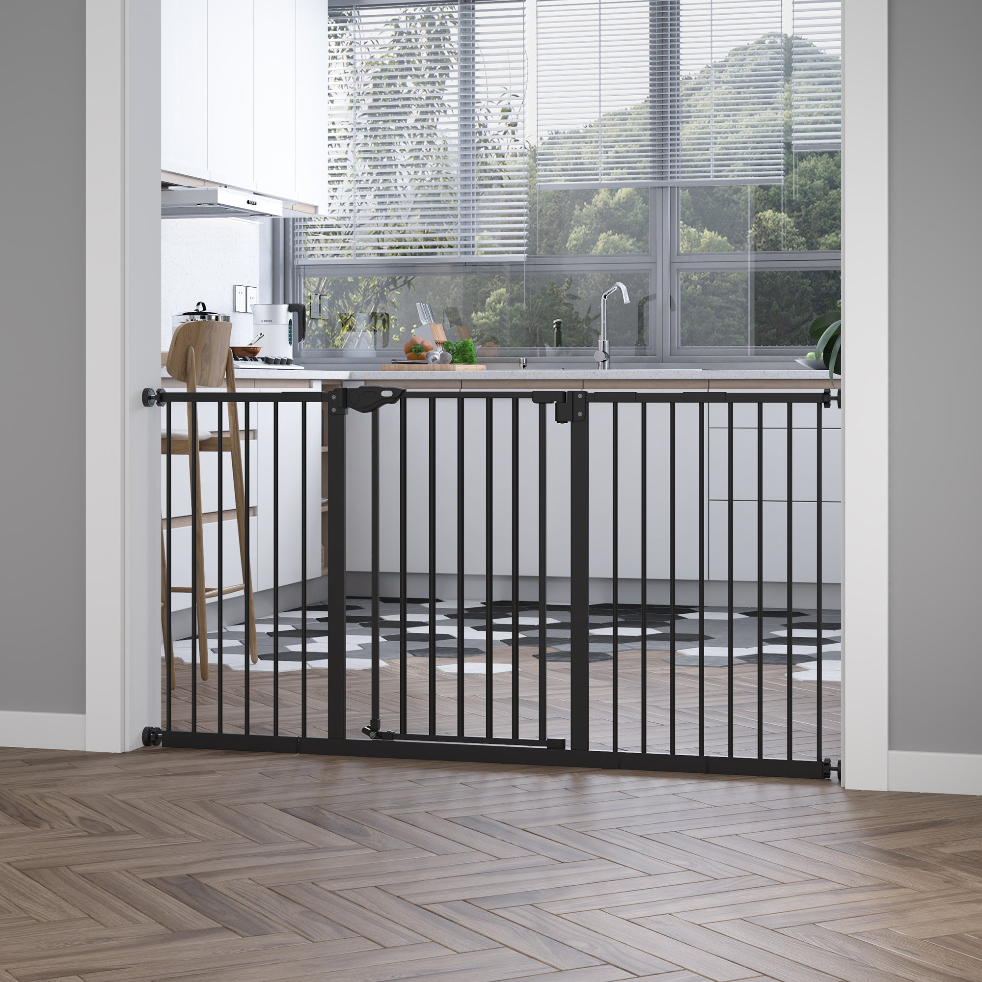 Black metal pawhut dog gate with vertical bars and central handle automatically closes door for stairways and hallways