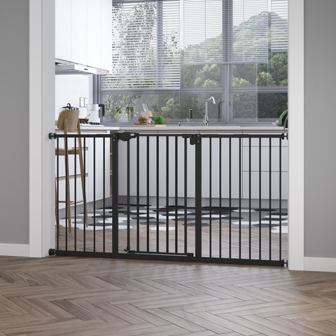 Black metal pawhut dog gate with vertical bars and central handle automatically closes door for stairways and hallways