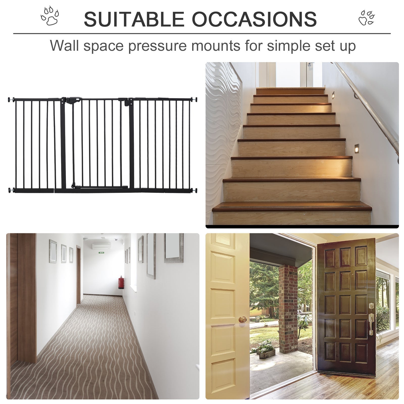 Black metal baby gate with vertical bars and pressure mount design that automatically closes for doorways and hallways
