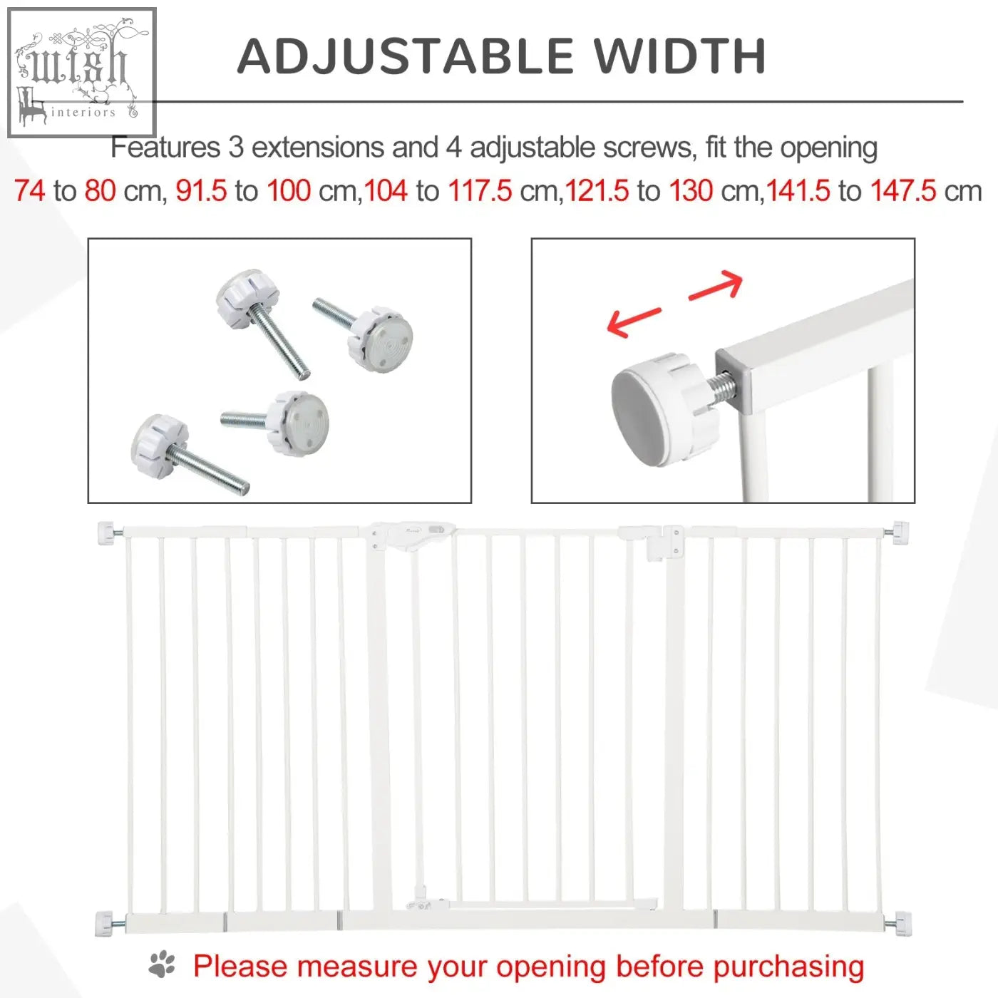 White metal pawhut dog gate with adjustable width 3 extensions 4 screws door automatically closes for doorway