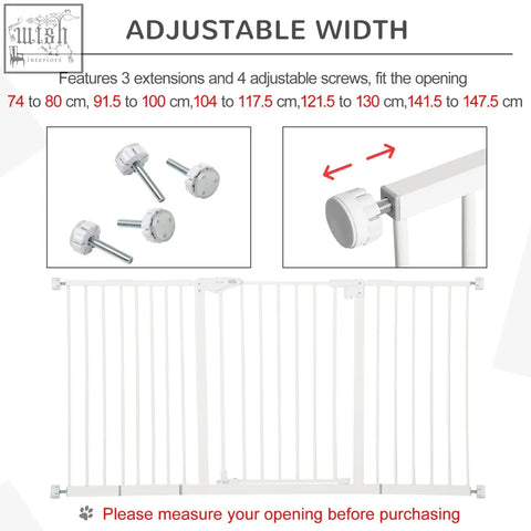 White metal pawhut dog gate with adjustable width 3 extensions 4 screws door automatically closes for doorway