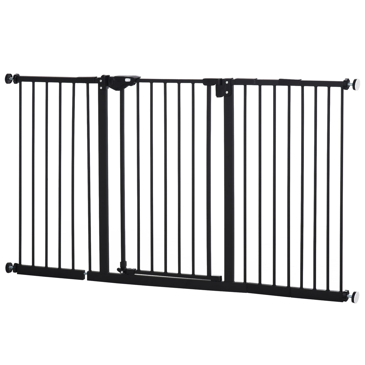 Black metal pawhut dog gate with vertical bars and adjustable wheels that door automatically closes for pets barrier