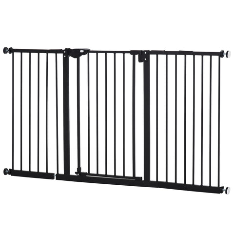 Black metal pawhut dog gate with vertical bars and adjustable wheels that door automatically closes for pets barrier
