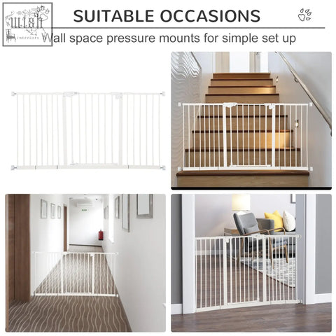 White metal pawhut dog safety gate with vertical bars pressure-mount design and door automatically closes feature