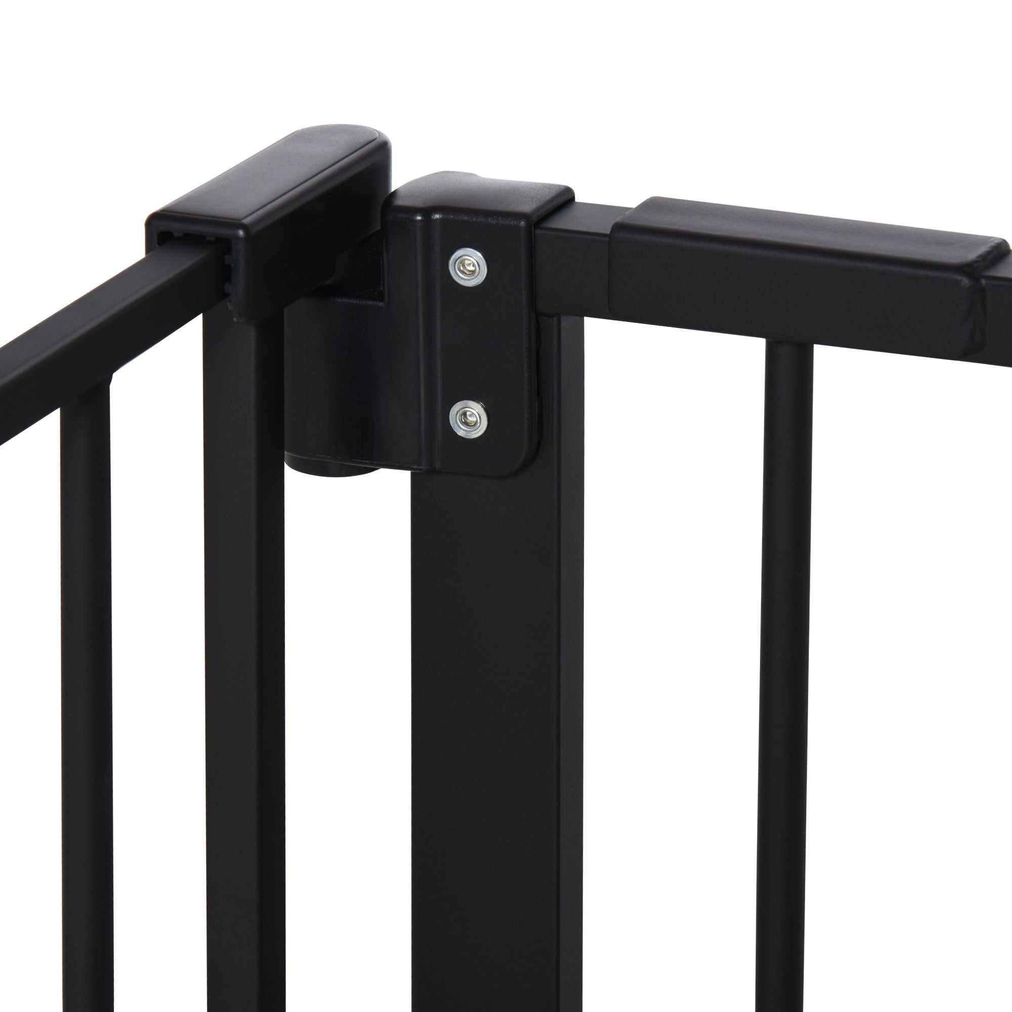 Pawhut black metal dog gate with sturdy hinge and silver adjusting screws that help the door automatically close