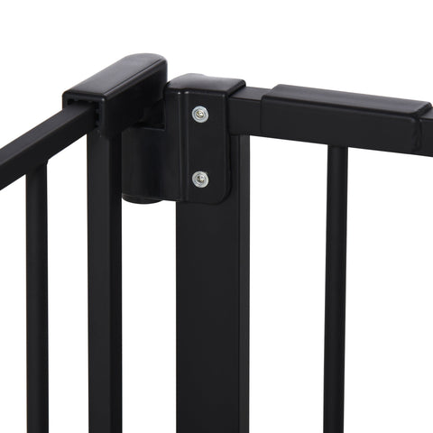 Pawhut black metal dog gate with sturdy hinge and silver adjusting screws that help the door automatically close
