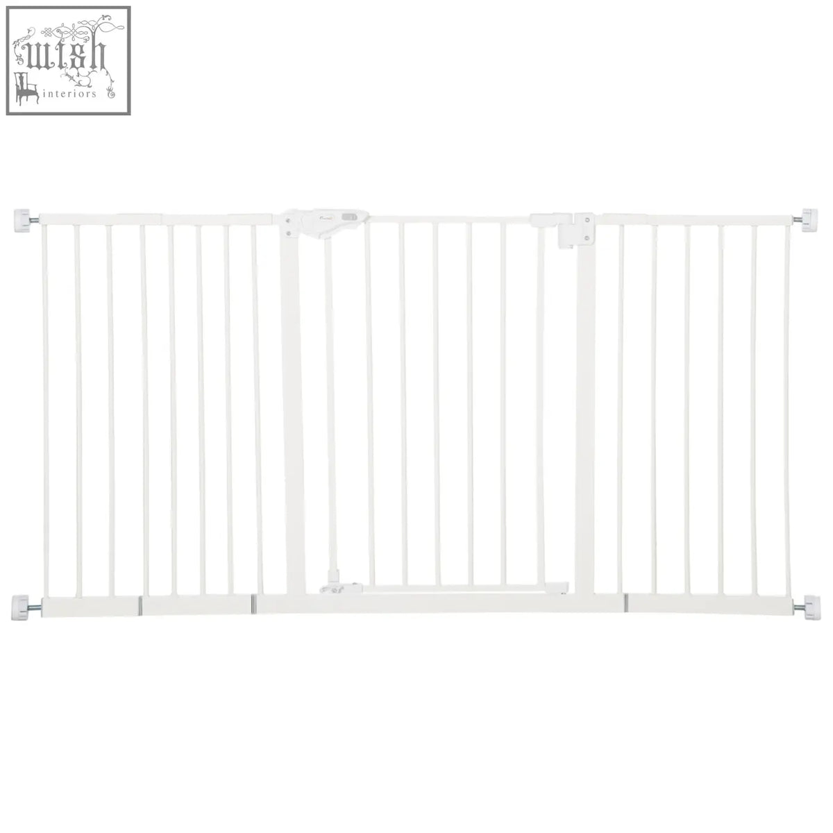 White metal pawhut dog gate with vertical bars and door that automatically closes for stairway and hallway use