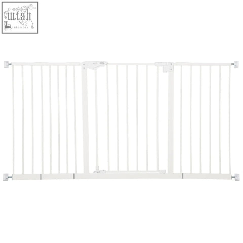 White metal pawhut dog gate with vertical bars and door that automatically closes for stairway and hallway use