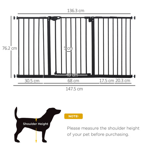 Black metal pawhut dog gate with vertical bars and adjustable height markings features door automatically closes and adjusting screws