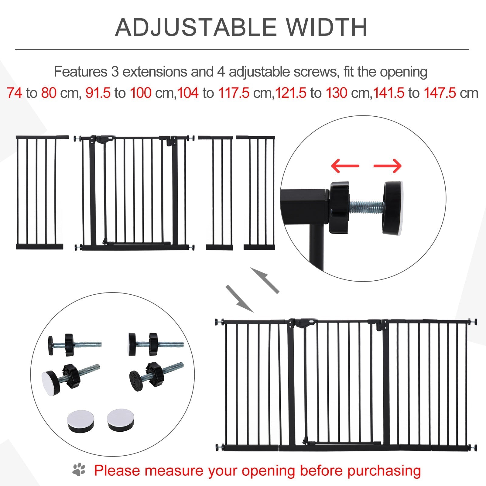 Black metal pawhut dog gate with adjustable width and screw based extensions that door automatically closes
