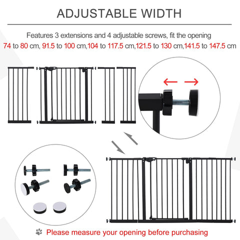 Black metal pawhut dog gate with adjustable width and screw based extensions that door automatically closes