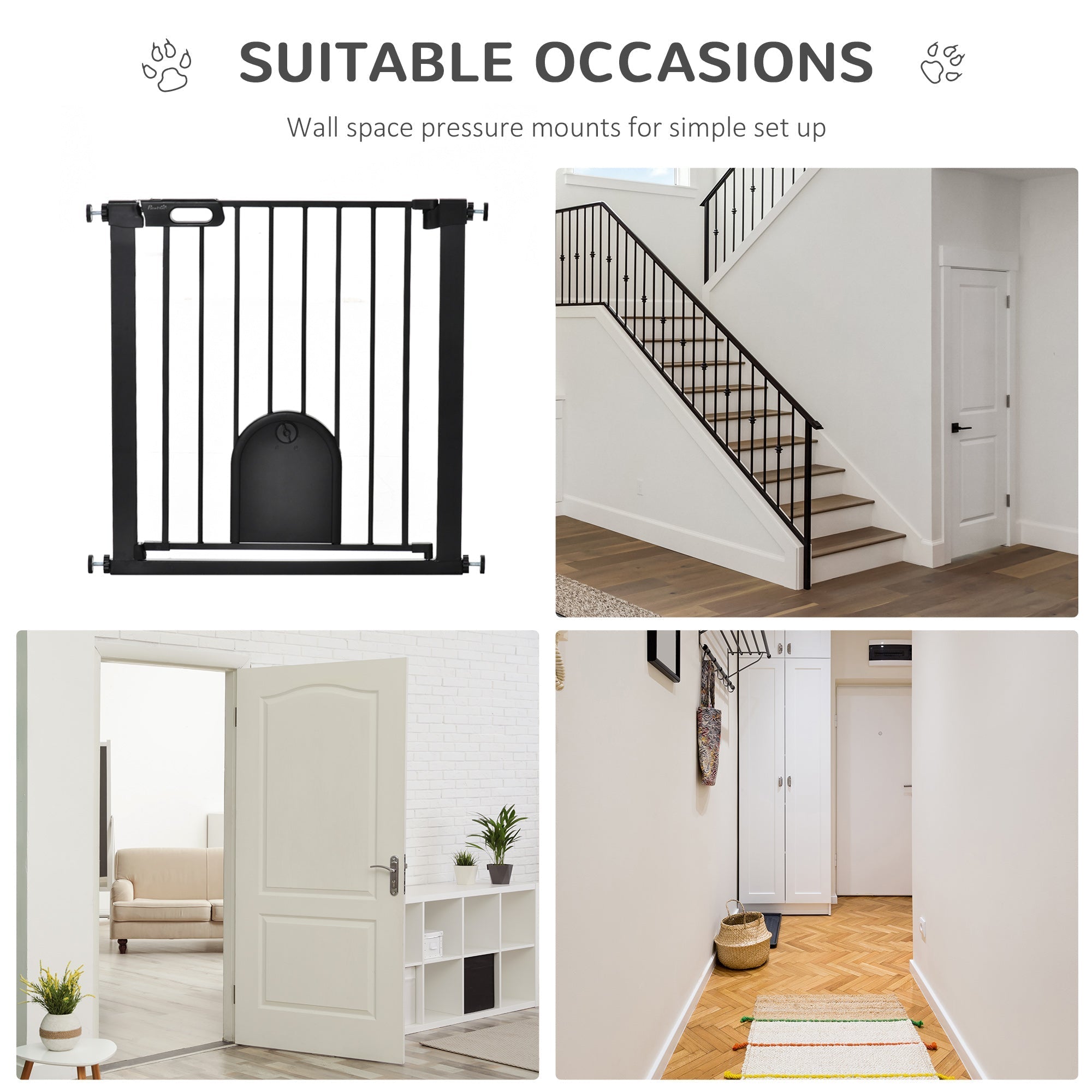 Black metal pawhut dog gate with built-in dog door double locking lead-free treated sprayed steel for doorways