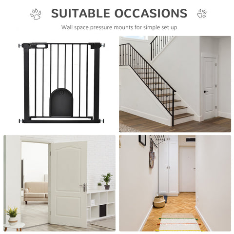 Black metal pawhut dog gate with built-in dog door double locking lead-free treated sprayed steel for doorways