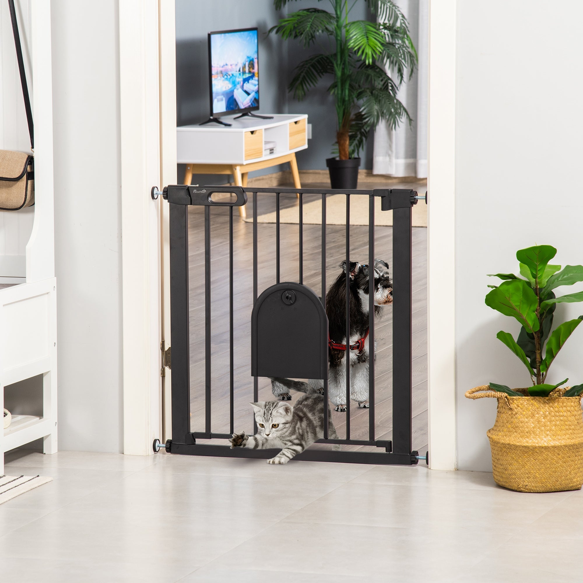 Black metal pawhut dog gate with rounded archway double locking lead-free treated sprayed steel for doorways