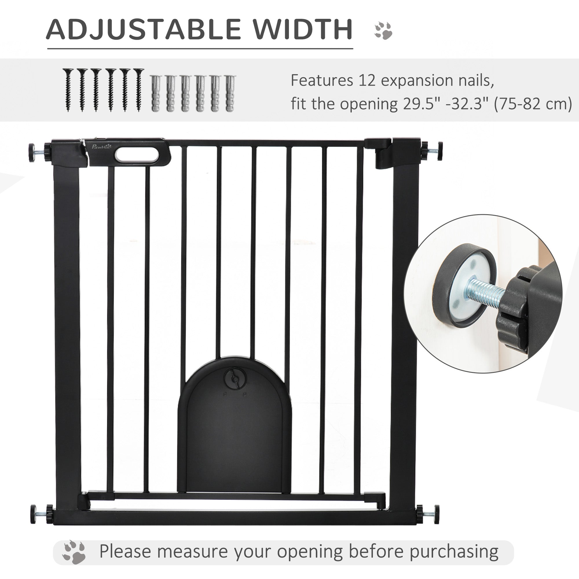 Black metal pawhut dog gate with adjustable width, pet door cutout, double locking, and lead-free sprayed steel surface