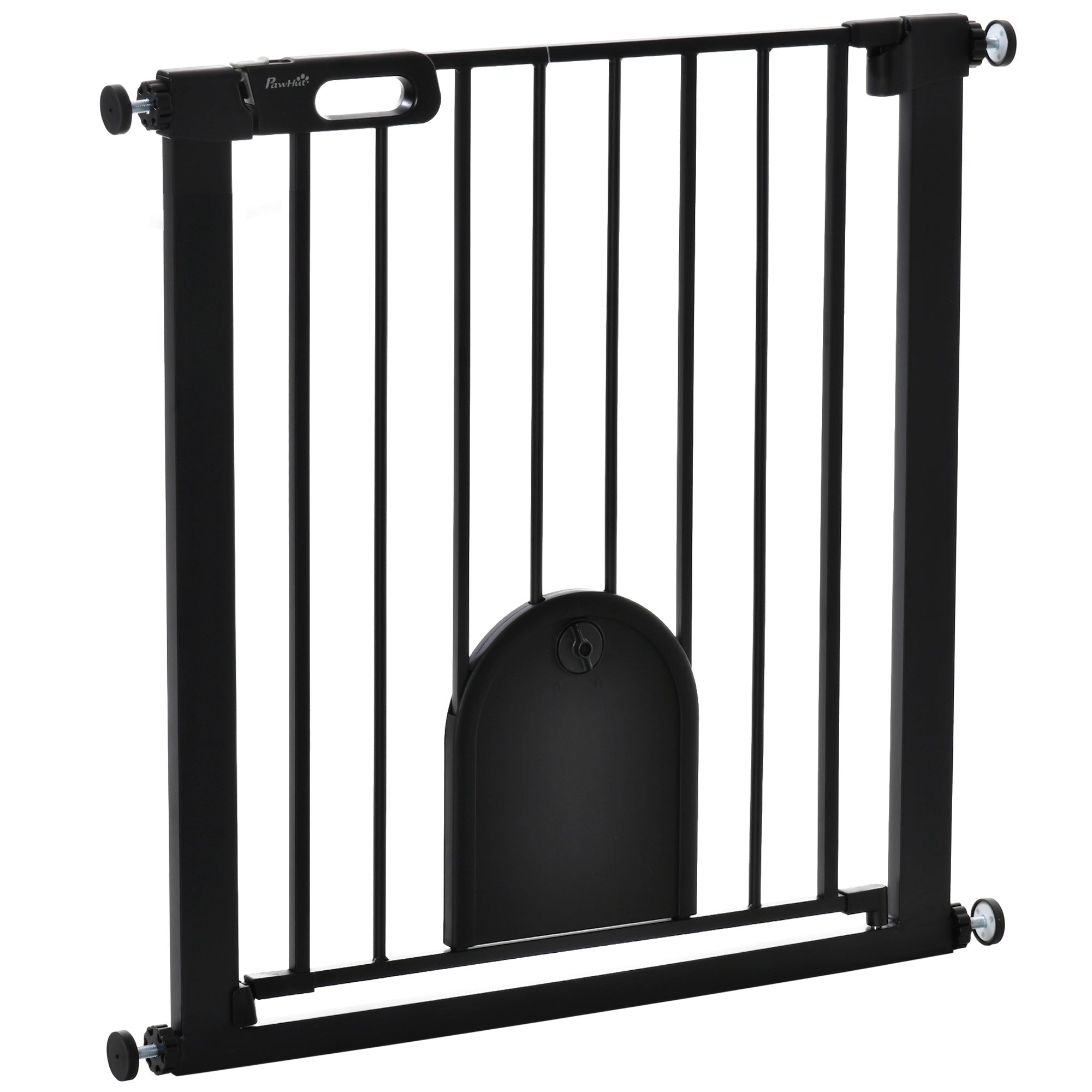Black metal pawhut dog gate with cat flap pet door double locking lead-free treated sprayed steel for doorways