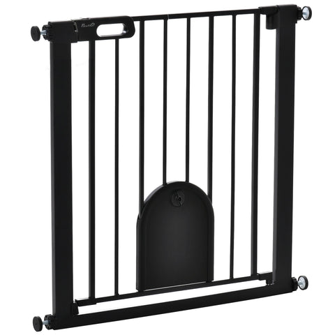 Black metal pawhut dog gate with cat flap pet door double locking lead-free treated sprayed steel for doorways