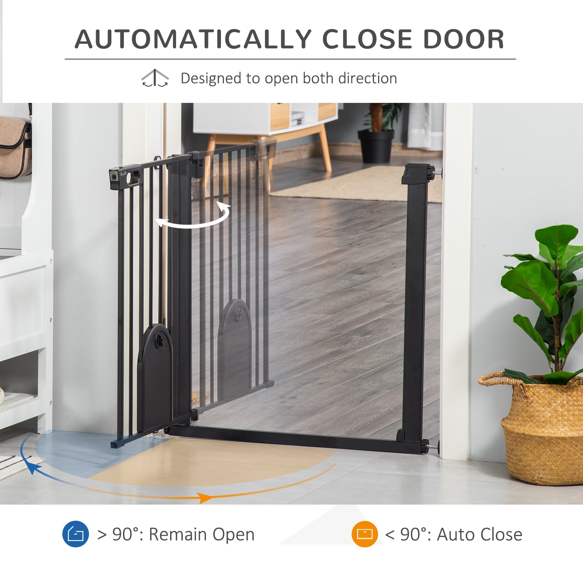 Black pawhut dog gate with cat flap made of sprayed steel featuring double locking and curved self-closing design