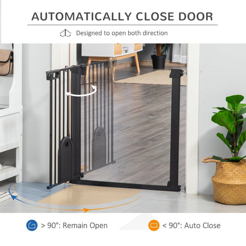 Black pawhut dog gate with cat flap made of sprayed steel featuring double locking and curved self-closing design
