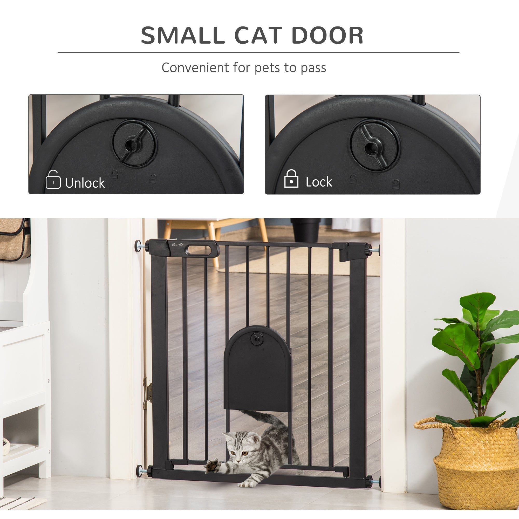 Black metal pawhut dog gate with cat flap made of sprayed steel with double locking and lead-free treated surface