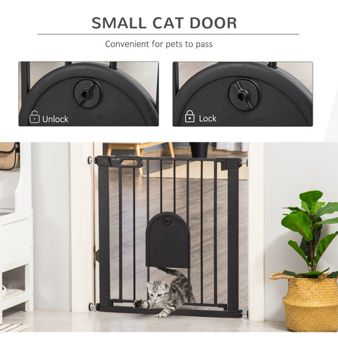 Black metal pawhut dog gate with cat flap made of sprayed steel with double locking and lead-free treated surface