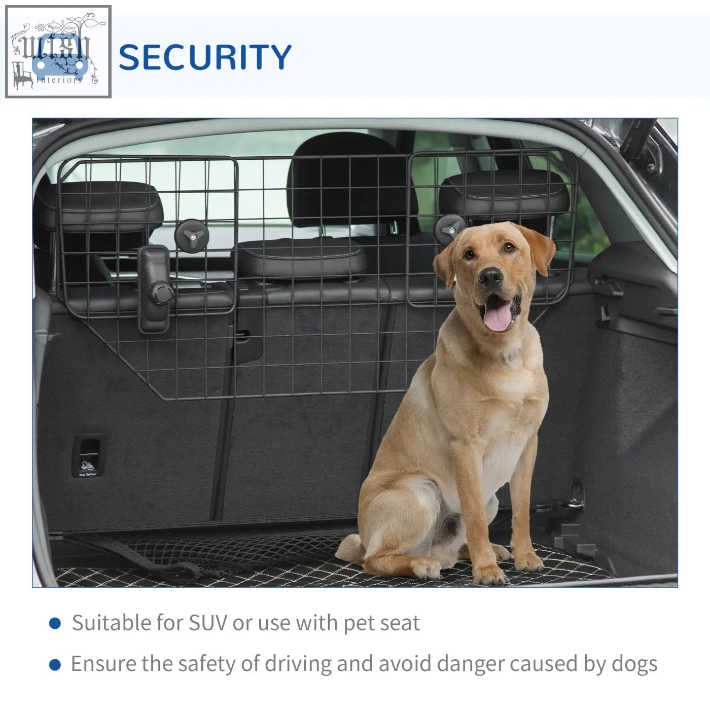 Black metal mesh pawhut dog guard installed as a car boot barrier with adjustable width for pet safety