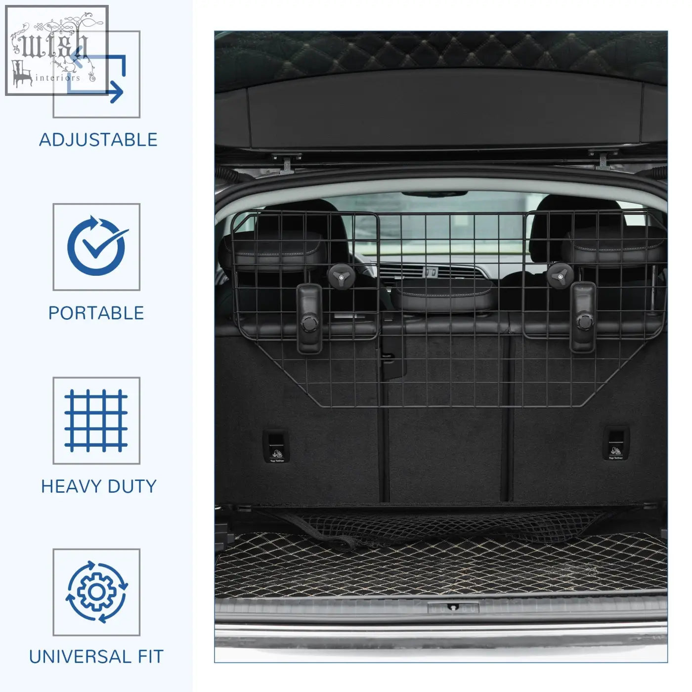 Black metal mesh pawhut dog guard with adjustable portable design and heavy-duty grid for universal fit in car boot