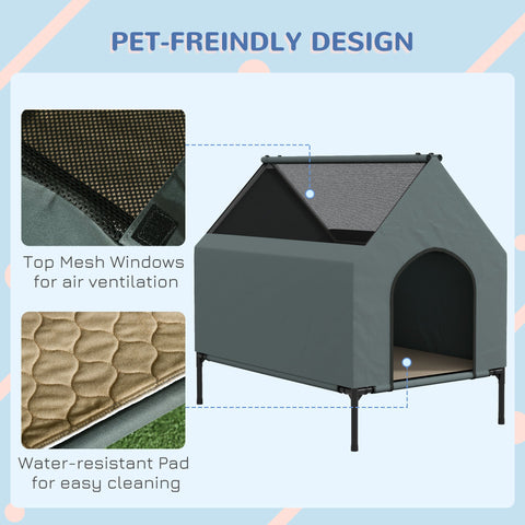 Gray pawhut dog house with mesh top windows and water-resistant pad for small to medium dogs 81l x 54w