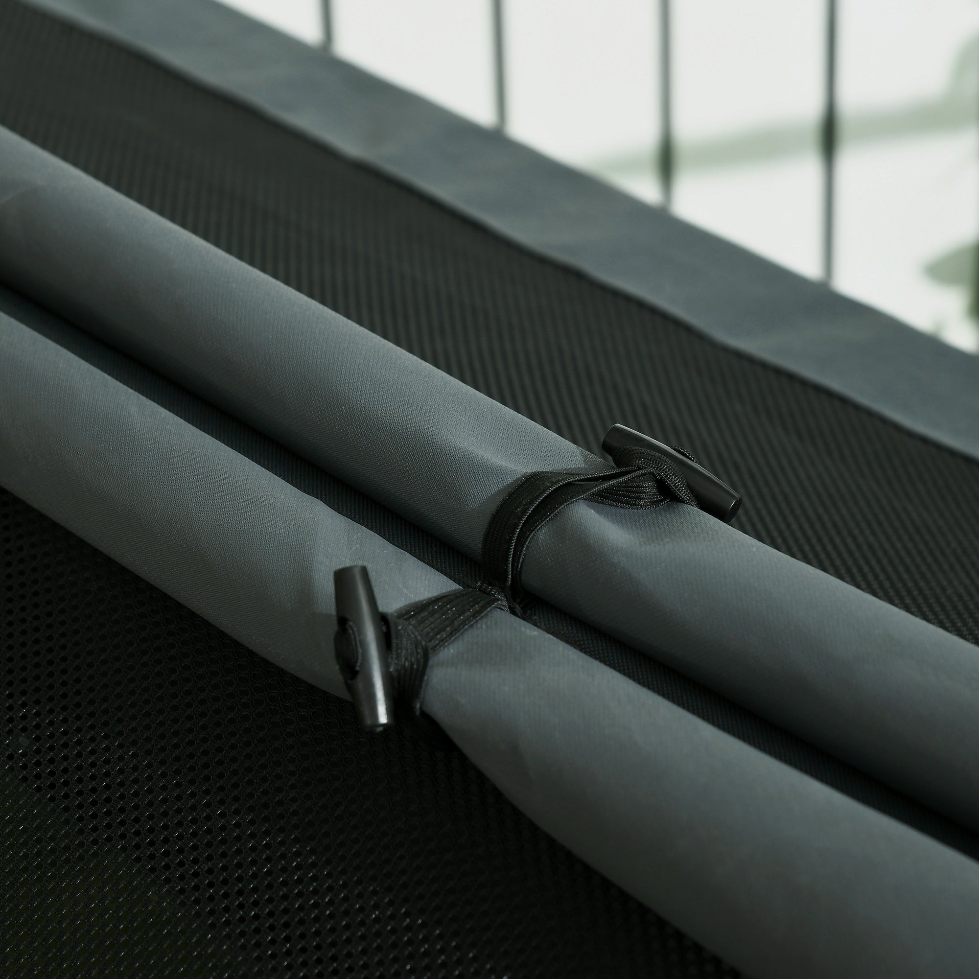 Black fabric covered retractable curtain rods with black plastic end caps for pawhut dog house 81l x 54w accessory