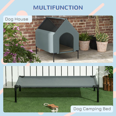 Gray fabric dog house with black metal frame and roof paired with matching elevated pawhut dog camping bed 81l x 54w
