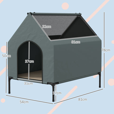 Gray fabric pawhut dog house with peaked roof black metal legs elevated 81l x 54w for small medium dogs